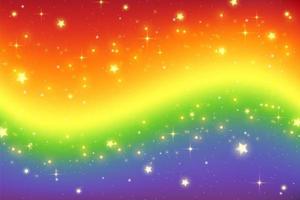 Rainbow fantasy background. Holographic wavy illustration. Bright multicolored sky with stars and bokeh. Vector. vector