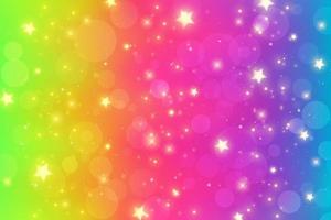 Rainbow fantasy background. Bright multicolored sky with stars sparkles and bokeh. Holographic wavy illustration. Vector. vector