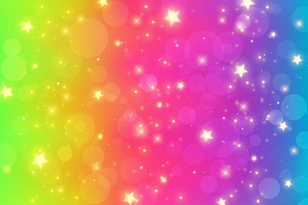 Rainbow fantasy background. Bright multicolored sky with stars sparkles and bokeh. Holographic wavy illustration. Vector.