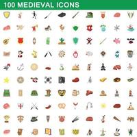 100 medieval icons set, cartoon style vector
