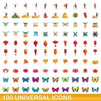 100 universal icons set, cartoon style vector