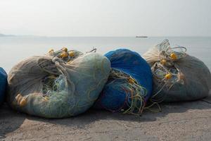 Fishing nets on sea background.