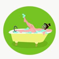 A woman with a cosmetic mask on her face takes a bubble bath in a cartoon style. vector