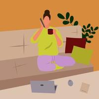 Freelance woman working from home in the flat style. vector