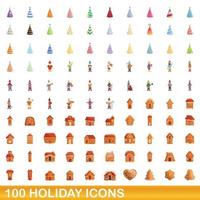 100 iconos de vacaciones, estilo de dibujos animados vector