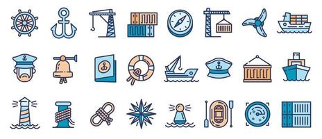 conjunto de iconos de puerto marítimo, estilo de esquema