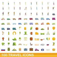 100 travel icons set, cartoon style vector