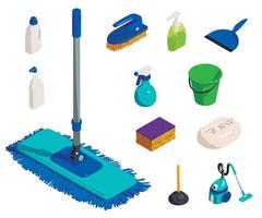 Cleaner equipment icons set, isometric style vector