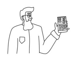 A simple illustration, a man is watching analytics on his phone. Marketer, statistics vector