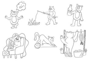 A set of cats for coloring. The cat is fishing, reading, playing sports. Cute cat at work. Vector illustrations with a black outline