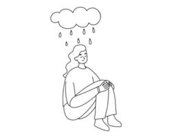 A sad girl is sitting under a cloud. Depression, apathy, sad mood. Drawing with a line vector