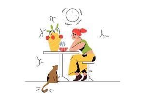 The girl is sitting at the table. Bored look, upset woman, thoughtful. A cat looks at a woman, a pet vector