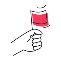 Red flag in hand. The hand holds a small flag. Linear illustration vector