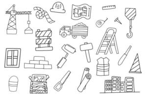 A set of building elements drawn with a contour. Black outline, icon, building materials vector