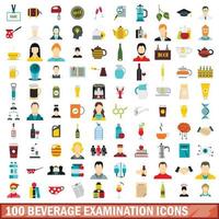 100 beverage examination icons set, flat style vector