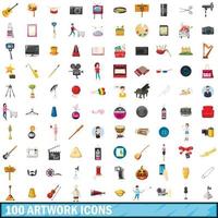 100 iconos de obras de arte, estilo de dibujos animados vector