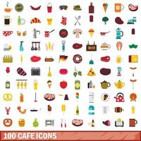 100 cafe icons set, flat style vector