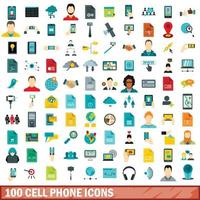 100 cell phone icons set, flat style vector