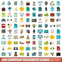 100 company document icons set, flat style vector