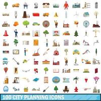 100 conjunto de iconos de planificación de la ciudad, estilo de dibujos animados