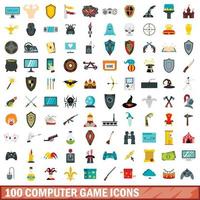 100 computer game icons set, flat style vector