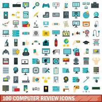 100 computer review icons set, flat style vector