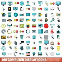 100 computer display icons set, flat style vector