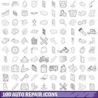 100 conjunto de iconos de reparación de automóviles, estilo de esquema vector