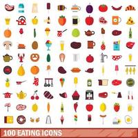 100 eating icons set, flat style