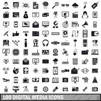 100 digital media icons set, simple style vector