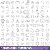 100 conjunto de iconos de contribución, estilo de esquema vector