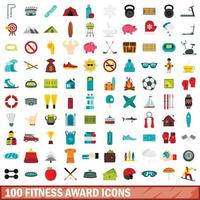 100 fitness award icons set, flat style vector