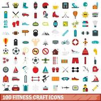 100 fitness craft icons set, flat style