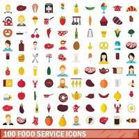 100 food service icons set, flat style vector
