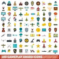 100 gameplay award icons set, flat style