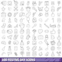 100 iconos de día festivo establecidos, estilo de esquema vector