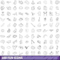 100 iconos divertidos, estilo de esquema vector