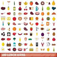 100 lunch icons set, flat style vector