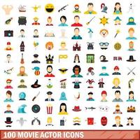 100 movie actor icons set, flat style vector