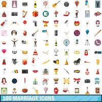 100 marriage icons set, cartoon style vector