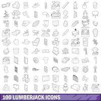 100 iconos de leñador, estilo de esquema vector