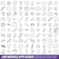 100 mobile app icons set, outline style vector