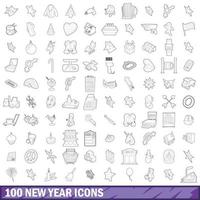 100 iconos de año nuevo, estilo de esquema vector