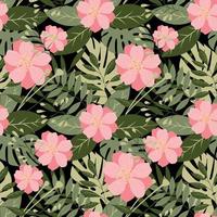 Hawaiian patterns exotic tropical leaves and flowers on a dark background. Seamless tropical pattern for wallpaper, textile or paper.