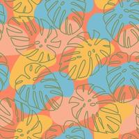 Contours of palm leaves and painted pastel colored spots on an orange background.Fabric pattern. Modern style. Fashion print. Seamless pattern abstract design. vector