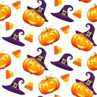 sin fisuras con brillantes calabazas de halloween y dulces sobre un fondo blanco. calabazas de halloween de patrones sin fisuras, gran diseño para cualquier propósito. papel de regalo de diseño, papel tapiz. patrón de estilo de moda. vector