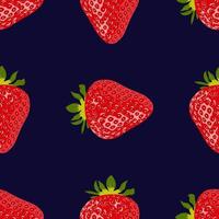 Ripe red strawberries on a dark blue background. Seamless pattern with berries. Organic food for a healthy diet. vector