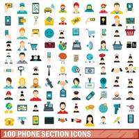100 phone section icons set, flat style vector