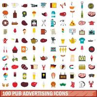 100 iconos de publicidad de pub, estilo plano vector