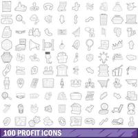 100 profit icons set, outline style vector